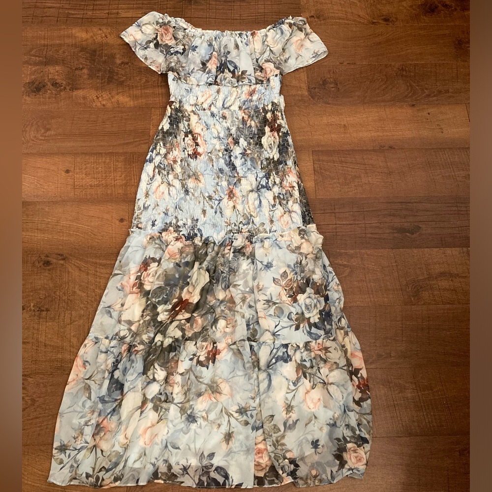 Baltic Born Amalfi Smocked Blue Floral Off-Shoulder Maxi Dress NWT Women’s L
